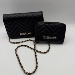 Set 2 Bebe Crossbody‎ Black  Purse With Wallet Chain  Strap Logo Mob Wife Gold
